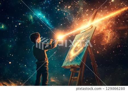 Young artist captivates the cosmos while painting a vibrant scene of a shooting star on an easel 129866280