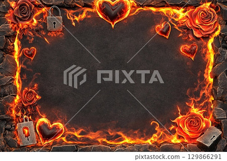 Volcanic ember frame with molten hearts creating a fiery romantic atmosphere for special events Volcanic ember frame with molten hearts creating a fiery romantic atmosphere for special events 129866291
