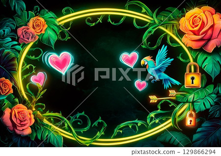 Vibrant neon jungle design captured in an oval frame surrounded by glowing hearts and flowers Vibrant neon jungle design captured in an oval frame surrounded by glowing hearts and flowers 129866294
