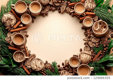 Wreath decorated with miniature coffee cups and aromatic spices in a cozy cafe setting 129866305