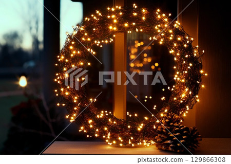 Twinkling fairy lights enhance a festive Christmas wreath on a cozy home entrance at night Twinkling fairy lights enhance a festive Christmas wreath on a cozy home entrance at night 129866308