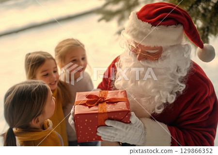 Santa Claus shares joy with children while giving gifts during a magical holiday celebration in a festive setting 129866352