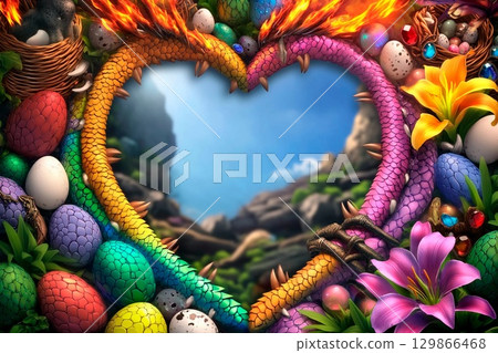 Multicolor heart-shaped frame featuring a mythical dragon and vibrant eggs in a magical garden setting 129866468