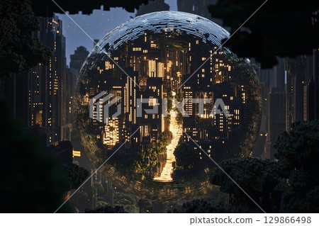 Futuristic city enclosed in a glowing sphere with reflections of skyscrapers and sunset over urban landscape Futuristic city enclosed in a glowing sphere with reflections of skyscrapers and sunset over urban landscape 129866498