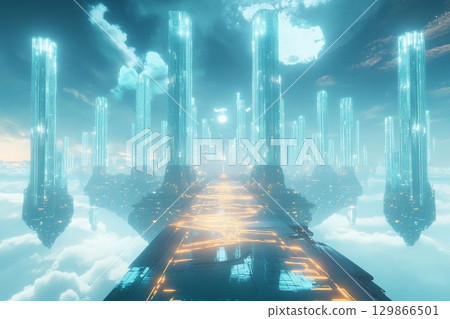 Floating city with geometric design illuminated at dusk above a tranquil landscape 129866501