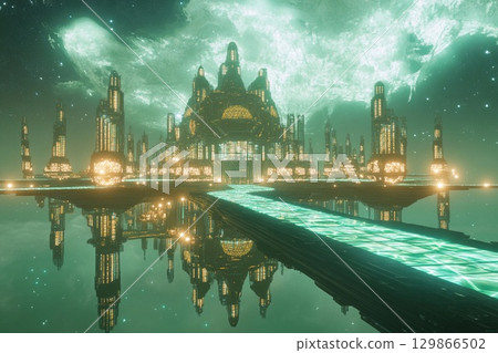 Floating city with geometric design illuminated at dusk above a tranquil landscape 129866502