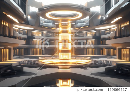Futuristic university campus designed around glowing architecture and vibrant illumination during twilight hours 129866517