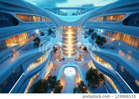 Futuristic university campus designed around glowing architecture and vibrant illumination during twilight hours 129866518