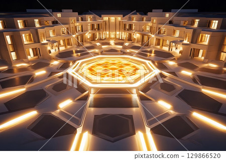 Futuristic university campus designed around glowing architecture and vibrant illumination during twilight hours 129866520