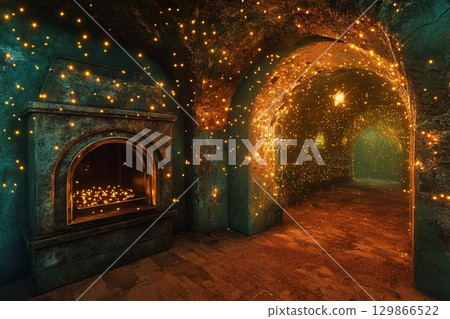 Underwater oven surrounded by magical fireflies illuminating the ancient walls in a mystical setting 129866522