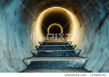 Steps lead into an endless circular tunnel creating a mysterious atmosphere with a sense of depth and intrigue 129866542