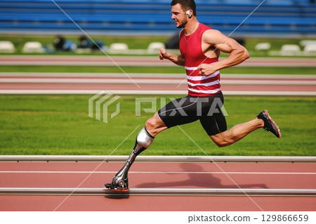 Close-up of person with prosthetic leg walking on court during sunset, highlighting resilience and strength in athletic pursuit Close-up of person with prosthetic leg walking on court during sunset, highlighting resilience and strength in athletic pursuit 129866659
