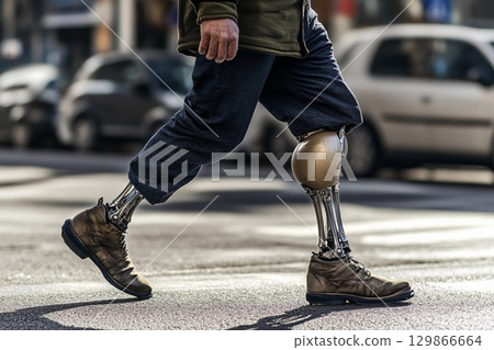 Man confidently walking on the street with a prosthetic leg during a sunny day in an urban environment 129866664