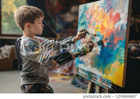 Creative artist with prosthetic arms passionately expresses himself through painting in an art studio space during daytime 129866667