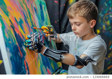 Creative artist with prosthetic arms passionately expresses himself through painting in an art studio space during daytime 129866669