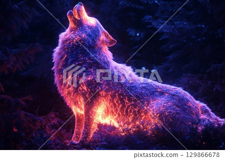 Massive glowing wolf howling into the night under a starry sky, surrounded by trees and foliage 129866678