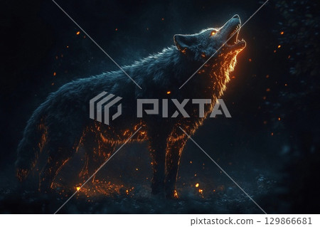 Massive glowing wolf howling into the night under a starry sky, surrounded by trees and foliage 129866681