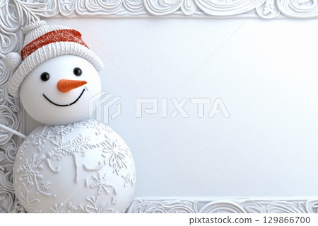 Snowman levitating in a snowy landscape with a red scarf and cheerful expression 129866700