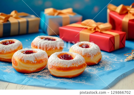 Delicious Hanukkah sufganiyot with powdered sugar and festive gifts arranged for celebration 129866702