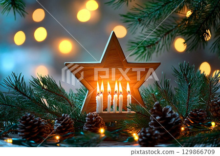 Elegant Hanukkah display with candlestick and glittering decorations in warm evening light 129866709