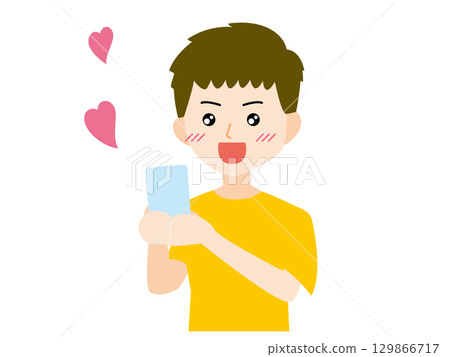 Illustration of a boy who received a happy message on his smartphone Illustration of a boy who received a happy message on his smartphone 129866717