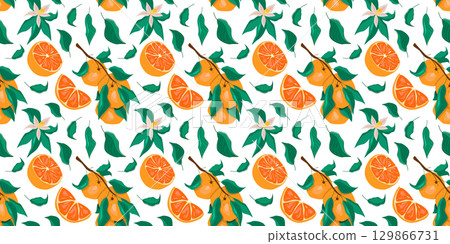 Seamless Orange Pattern with Leaves and Blossoms Seamless Orange Pattern with Leaves and Blossoms 129866731