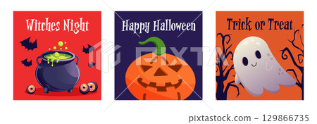 Halloween Card Set with Ghost and Pumpkins Halloween Card Set with Ghost and Pumpkins 129866735