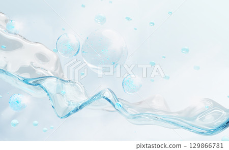3d blue liquid transparent wave with air bubbles. Serum gel texture flow with oil drops. Collagen water moisture cream with hyaluronic acid, vitamin niacinamide. Cosmetic skin care bg. 3D illustration 129866781
