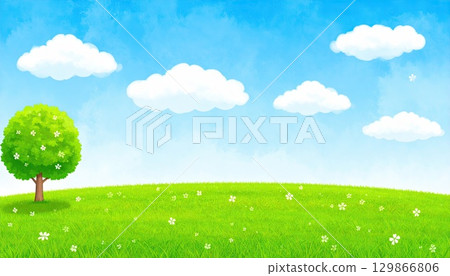 AI Image: Landscape with a forest of fresh greenery and a blue sky 129866806