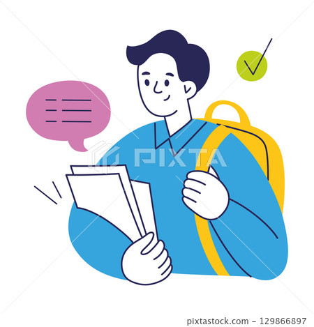 Student or schoolboy with backpack and notebooks in hands. Character ready for studying, education, learning and school life. Knowledge, university, school supplies and youth lifestyle 129866897