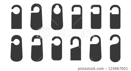 Door hanger do not disturb template. Hotel tag silhouette, set sign, blank. Die empty label hanger on door hotel room. Cardboard signs isolated on white background Door hanger do not disturb template. Hotel tag silhouette, set sign, blank. Die empty label hanger on door hotel room. Cardboard signs isolated on white background 129867001