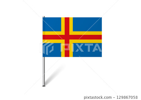 Aland flag - map pin flag representing a country cultural identity and heritage. The essence of national pride and unity. Map pin flag stuck in a white background 129867058