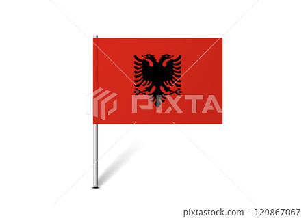 Albania flag - map pin flag representing a country cultural identity and heritage. The essence of national pride and unity. Map pin flag stuck in a white background 129867067