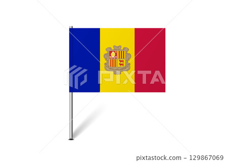 Andorra flag - map pin flag representing a country cultural identity and heritage. The essence of national pride and unity. Map pin flag stuck in a white background 129867069