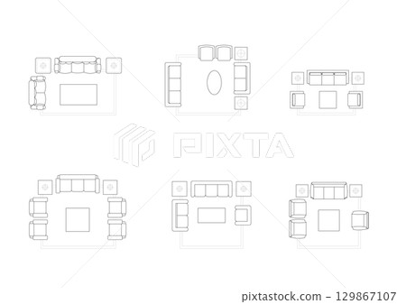 Detailed top view architectural drawing of sofa and living room furniture layout, perfect for floor plans, interior design projects, and architectural presentations 129867107