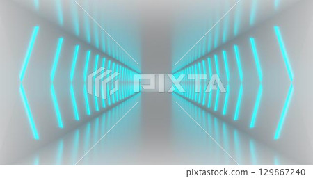3D rendering illustration. retro club. Neon lights of empty space. Light tunnel. Sci Fi Modern futuristic laser beams. Glowing Blue Pantone Background 129867240