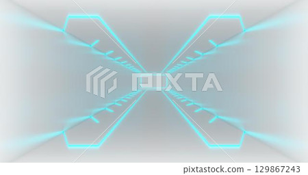 3D rendering illustration. retro club. Neon lights of empty space. Light tunnel. Sci Fi Modern futuristic laser beams. Glowing Blue Pantone Background 3D rendering illustration. retro club. Neon lights of empty space. Light tunnel. Sci Fi Modern futuristic laser beams. Glowing Blue Pantone Background 129867243