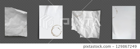 Paper sheet fold set with white crumpled textures 129867249