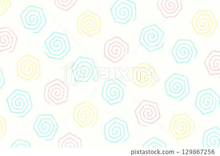Pastel hand drawn swirl hexagon pattern on white background 129867256