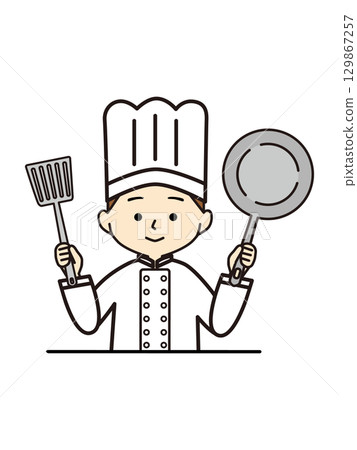 Chef with spatula and frying pan 129867257