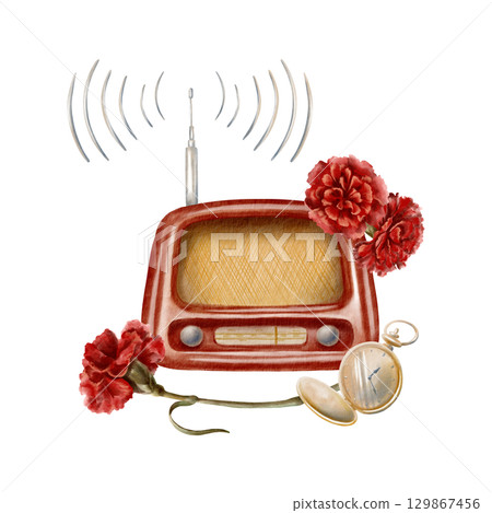 Portugals Carnation Revolution,embodied in the symbol of a song played on the radio at a precise moment-a melody that turned into the signal to topple the regime.Watercolor illustration 129867456