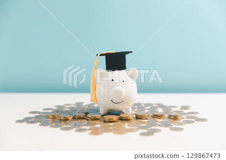 Concept of saving money for education, student loan, scholarship in future. Piggy bank with graduation hat, stack of coins. Earth globe with graduation hat, dollar banknotes on table. Tuition fees 129867473