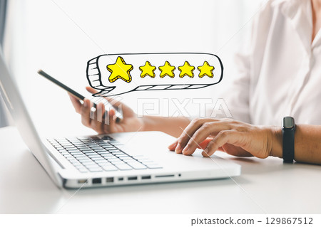 Customer or client with stars to complete five stars. Product or service review ideas from customer, reviews from customer and service of store to express satisfaction, increase credibility of store. Customer or client with stars to complete five stars. Product or service review ideas from customer, reviews from customer and service of store to express satisfaction, increase credibility of store. 129867512