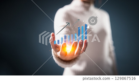 Business goal achievement and growth success. chart with upward arrows and target center symbolizes business planning, strategic development, performance aimed future success. achievement growth 129867516