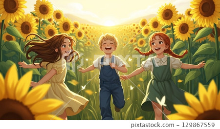 父母和孩子們在向日葵田裡玩 129867559