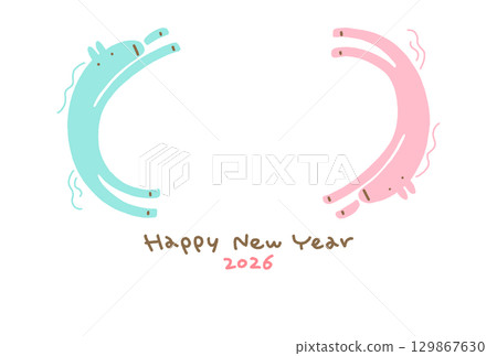 Two cute pastel-colored horses New Year's card 2026 with plenty of space for text 129867630