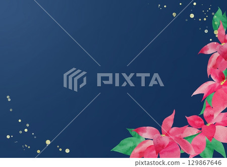 深藍色背景上，一品紅水彩畫框，美輪美奐。這幅插畫的靈感來自聖誕夜。 129867646