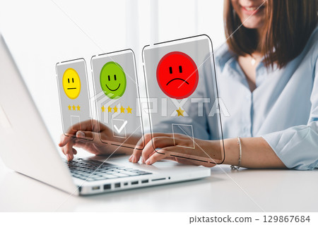 Customer service evaluation concept. Client feedback from marketing survey excellent service and quality satisfaction, customers can evaluate quality of service leading to business reputation rating. 129867684