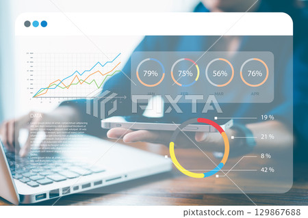 Modern technology in hand, businesses harness data, statistics and graphs to drive financial analysis and progress. technology, statistic, data, analysis, modern, progress, business, financial, graph 129867688