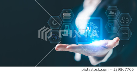 Artificial intelligence ecosystem concept showing digital brain connected icons symbolizing cloud computing data processing, machine learning, automation, cybersecurity. business digital technology. 129867706